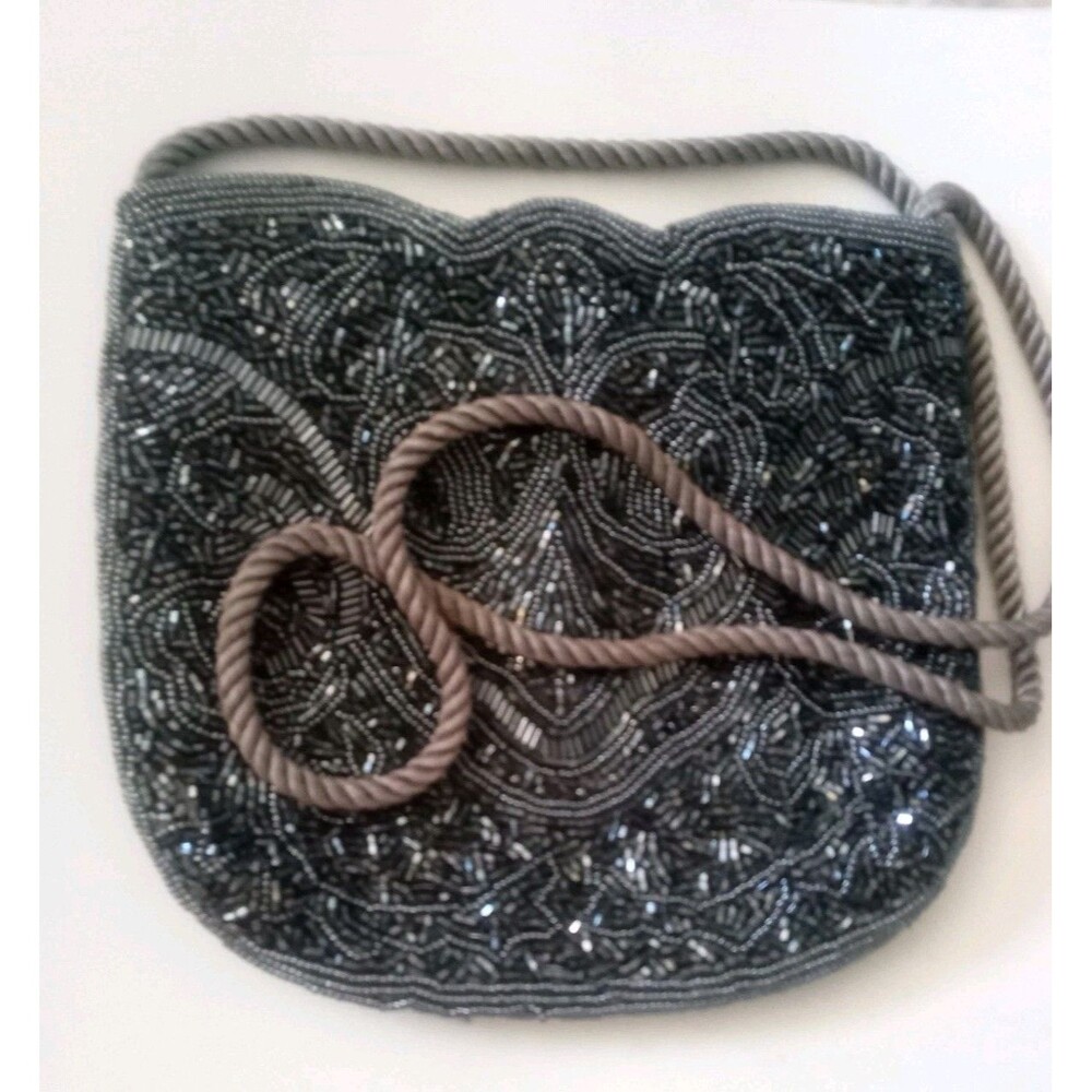 Women's Beaded Evening Bag Gray Appx 8x8 Corded Strap